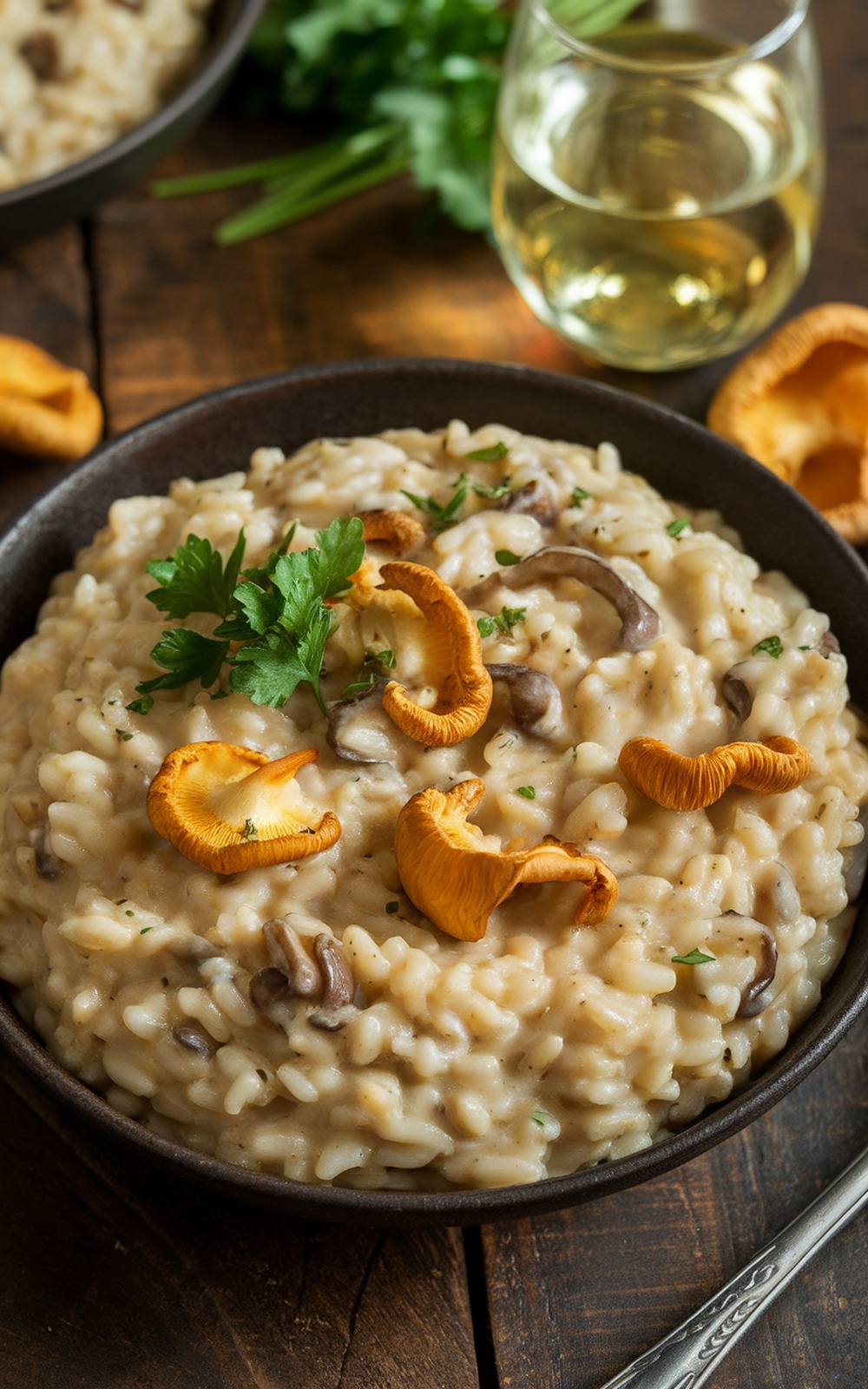 Creamy chanterelle mushroom risotto in a bowl, garnished with parsley, with a glass of white wine on a rustic table.